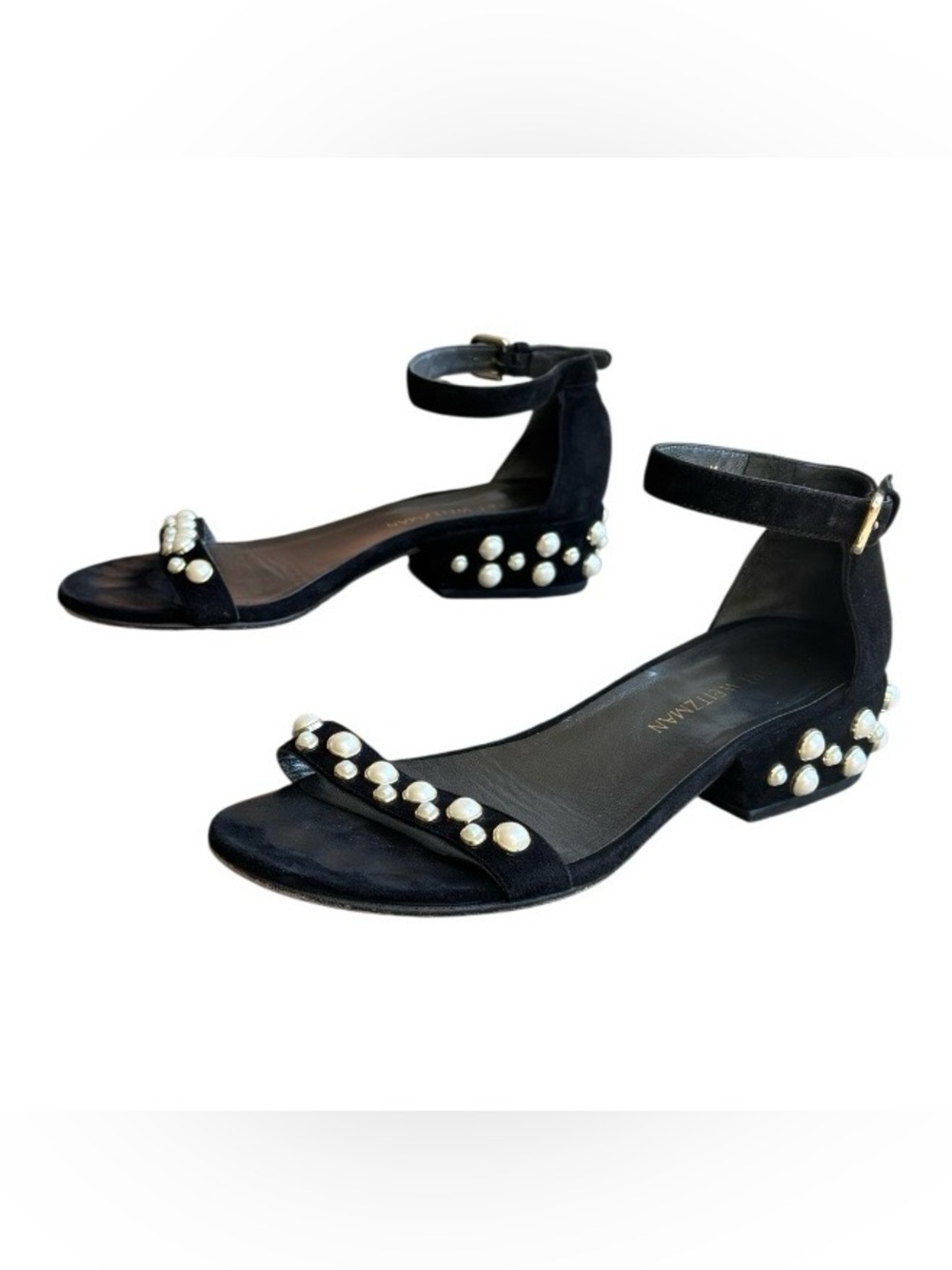 Authentic Stuart Weitzman Allpearls Black Suede Sandals